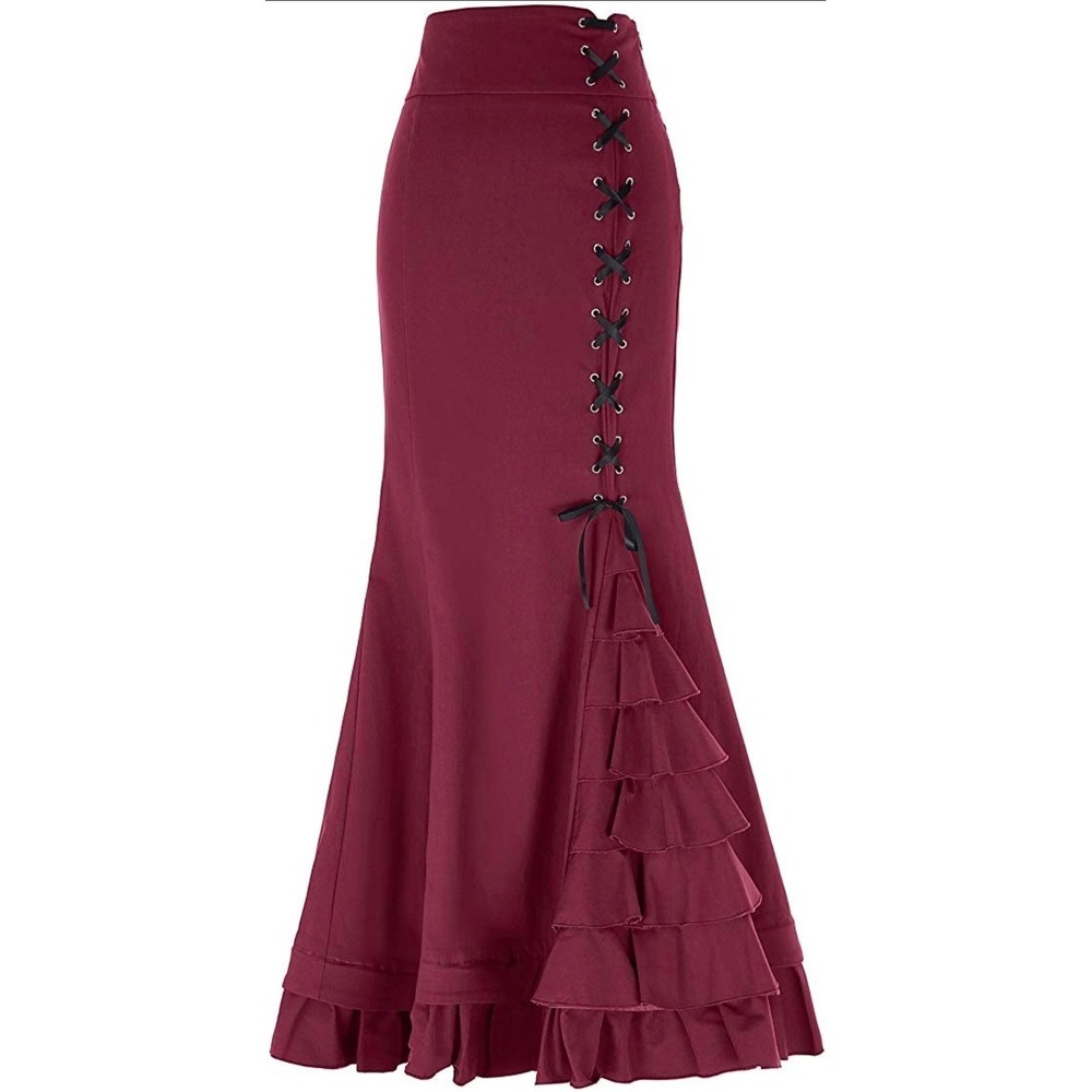 Burgundy Lace Up Ruffle Mermaid Maxi Skirt Victorian Steampunk Gothic